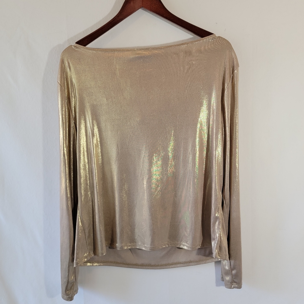 VTG MSK Gold Metallic Draped Long Sleeve Top Sz XL Minimalist Casual Glam Party - Picture 2 of 9